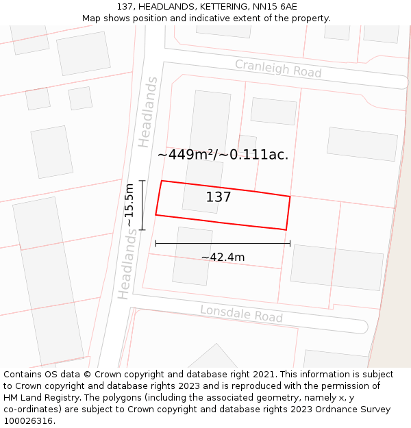 137, HEADLANDS, KETTERING, NN15 6AE: Plot and title map