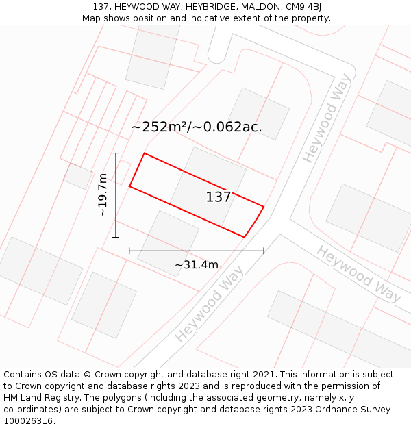 137, HEYWOOD WAY, HEYBRIDGE, MALDON, CM9 4BJ: Plot and title map