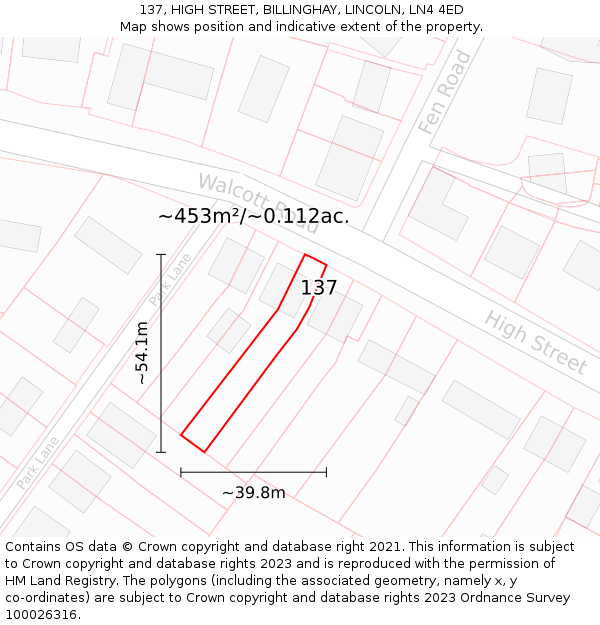 137, HIGH STREET, BILLINGHAY, LINCOLN, LN4 4ED: Plot and title map