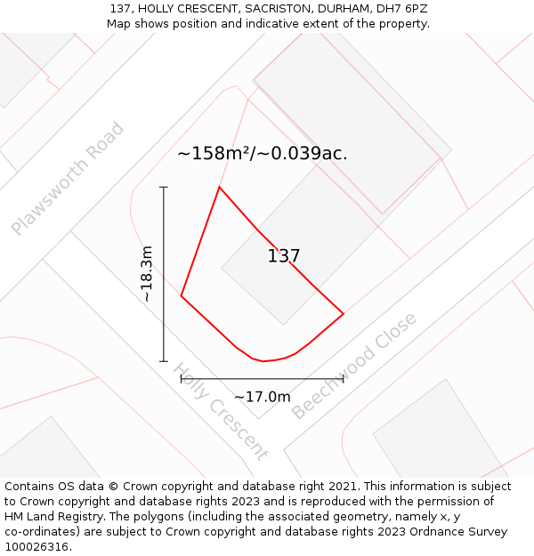 137, HOLLY CRESCENT, SACRISTON, DURHAM, DH7 6PZ: Plot and title map