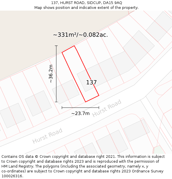 137, HURST ROAD, SIDCUP, DA15 9AQ: Plot and title map