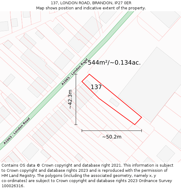 137, LONDON ROAD, BRANDON, IP27 0ER: Plot and title map