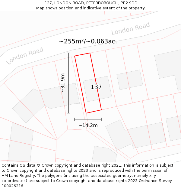 137, LONDON ROAD, PETERBOROUGH, PE2 9DD: Plot and title map