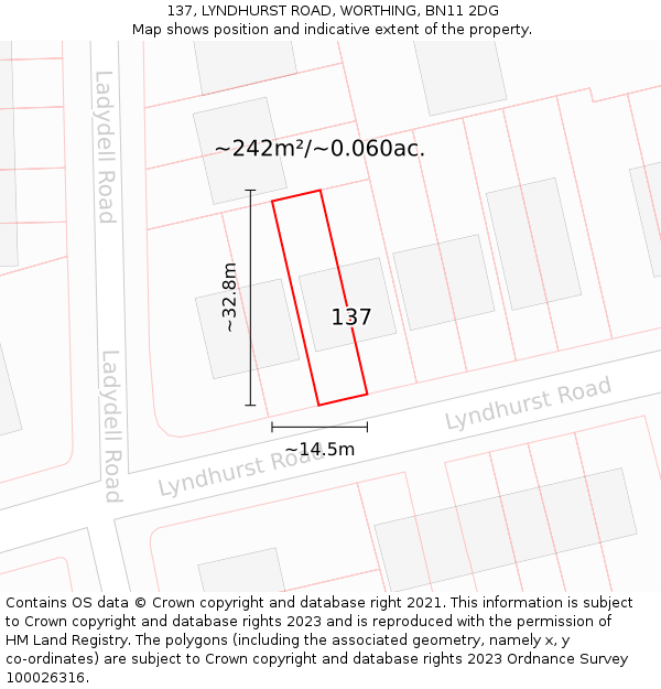137, LYNDHURST ROAD, WORTHING, BN11 2DG: Plot and title map