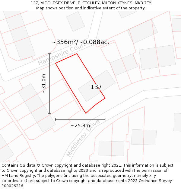 137, MIDDLESEX DRIVE, BLETCHLEY, MILTON KEYNES, MK3 7EY: Plot and title map
