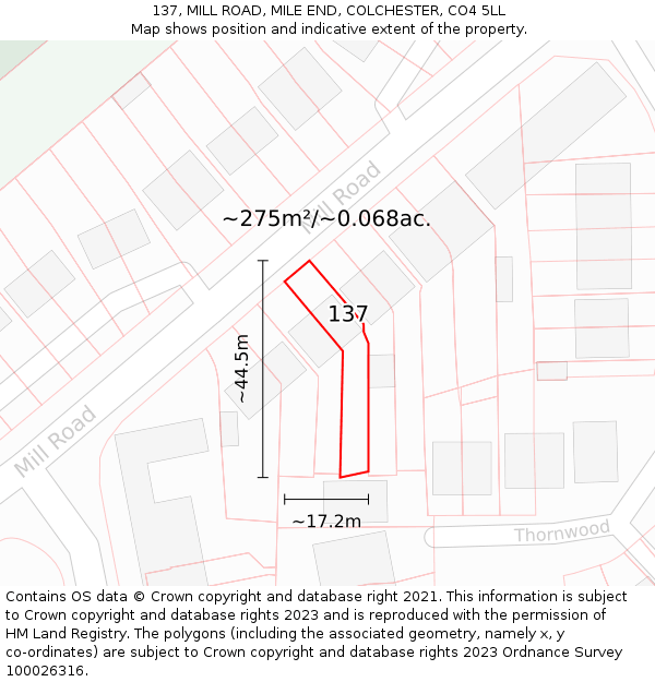 137, MILL ROAD, MILE END, COLCHESTER, CO4 5LL: Plot and title map