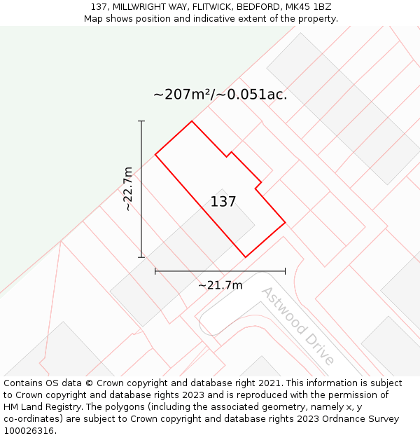 137, MILLWRIGHT WAY, FLITWICK, BEDFORD, MK45 1BZ: Plot and title map