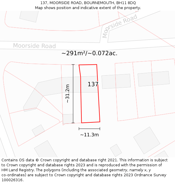 137, MOORSIDE ROAD, BOURNEMOUTH, BH11 8DQ: Plot and title map
