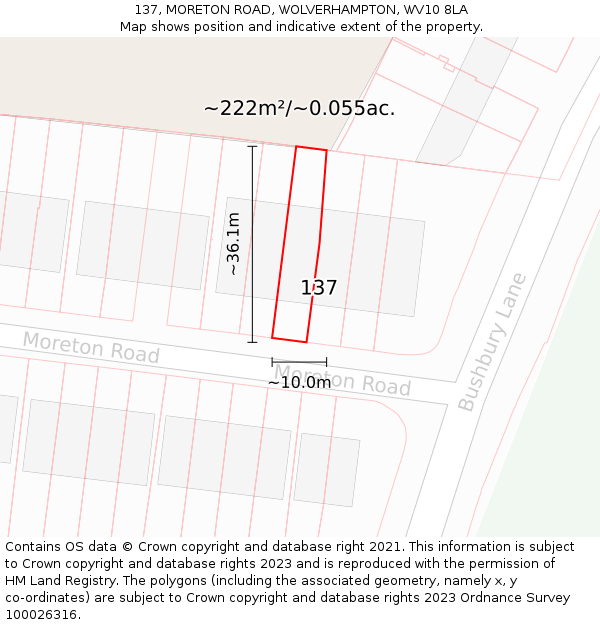 137, MORETON ROAD, WOLVERHAMPTON, WV10 8LA: Plot and title map