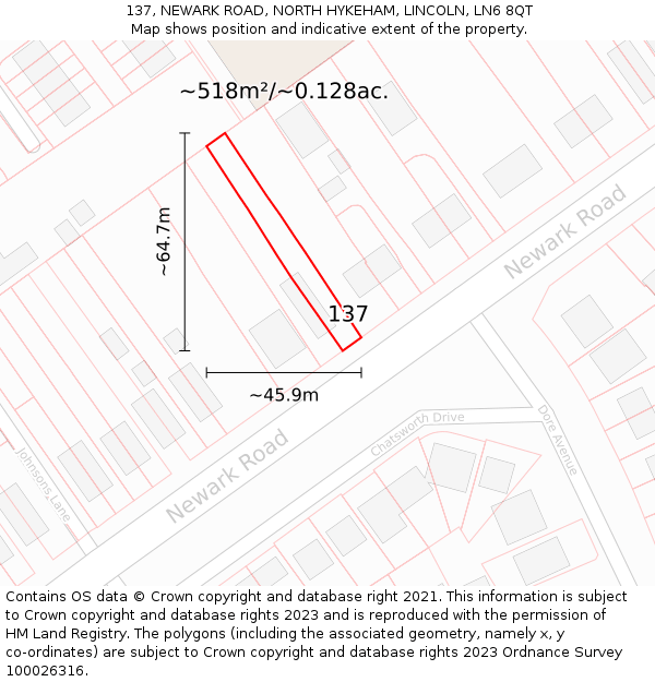 137, NEWARK ROAD, NORTH HYKEHAM, LINCOLN, LN6 8QT: Plot and title map