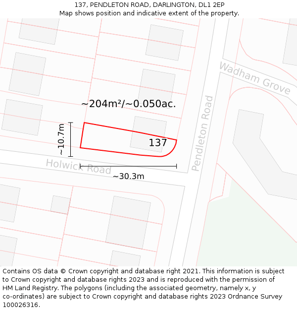 137, PENDLETON ROAD, DARLINGTON, DL1 2EP: Plot and title map