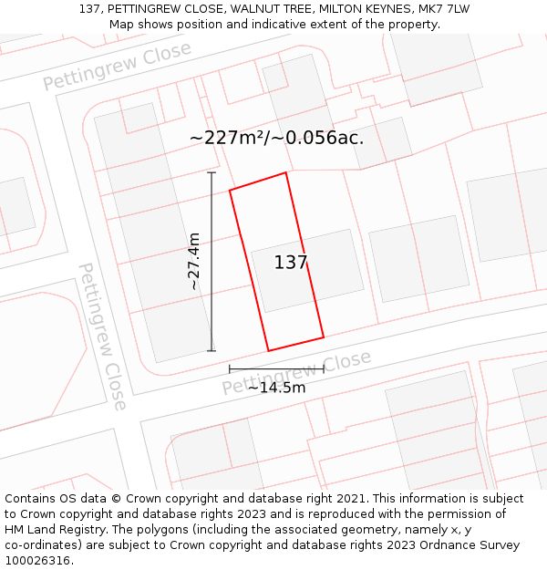137, PETTINGREW CLOSE, WALNUT TREE, MILTON KEYNES, MK7 7LW: Plot and title map