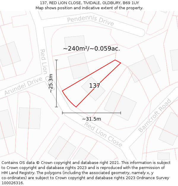 137, RED LION CLOSE, TIVIDALE, OLDBURY, B69 1UY: Plot and title map