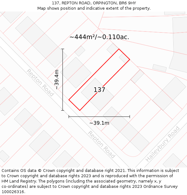 137, REPTON ROAD, ORPINGTON, BR6 9HY: Plot and title map