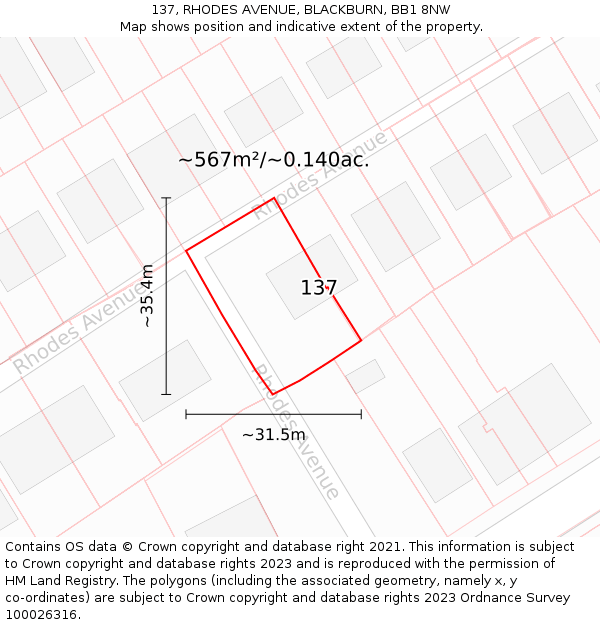 137, RHODES AVENUE, BLACKBURN, BB1 8NW: Plot and title map