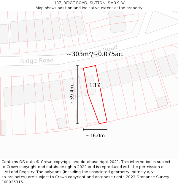 137, RIDGE ROAD, SUTTON, SM3 9LW: Plot and title map