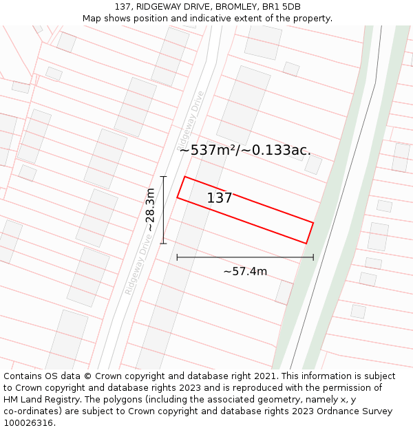 137, RIDGEWAY DRIVE, BROMLEY, BR1 5DB: Plot and title map