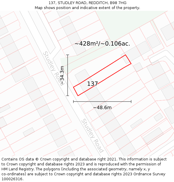 137, STUDLEY ROAD, REDDITCH, B98 7HG: Plot and title map