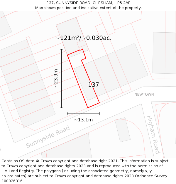 137, SUNNYSIDE ROAD, CHESHAM, HP5 2AP: Plot and title map