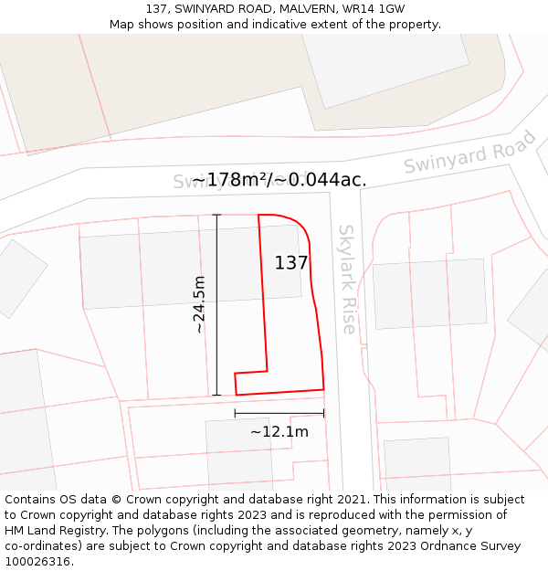 137, SWINYARD ROAD, MALVERN, WR14 1GW: Plot and title map