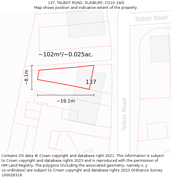 137, TALBOT ROAD, SUDBURY, CO10 1WG: Plot and title map