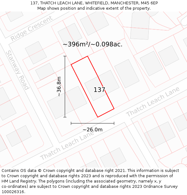 137, THATCH LEACH LANE, WHITEFIELD, MANCHESTER, M45 6EP: Plot and title map