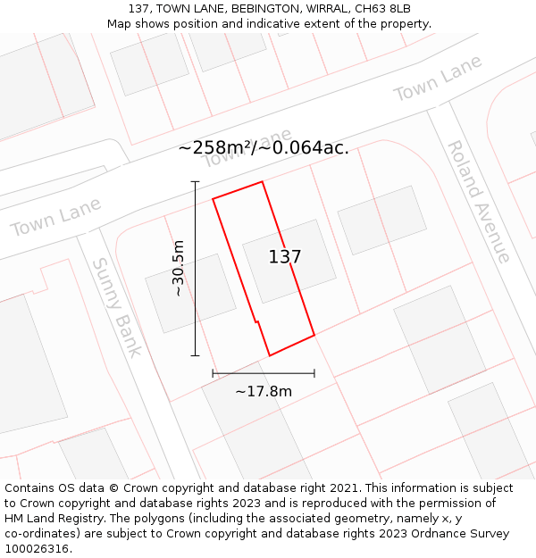 137, TOWN LANE, BEBINGTON, WIRRAL, CH63 8LB: Plot and title map