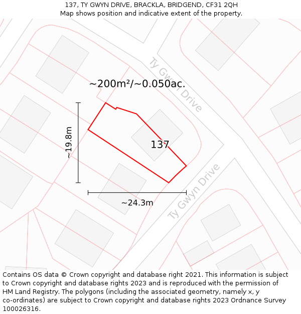 137, TY GWYN DRIVE, BRACKLA, BRIDGEND, CF31 2QH: Plot and title map