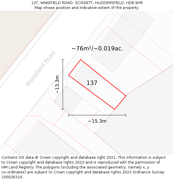 137, WAKEFIELD ROAD, SCISSETT, HUDDERSFIELD, HD8 9HR: Plot and title map
