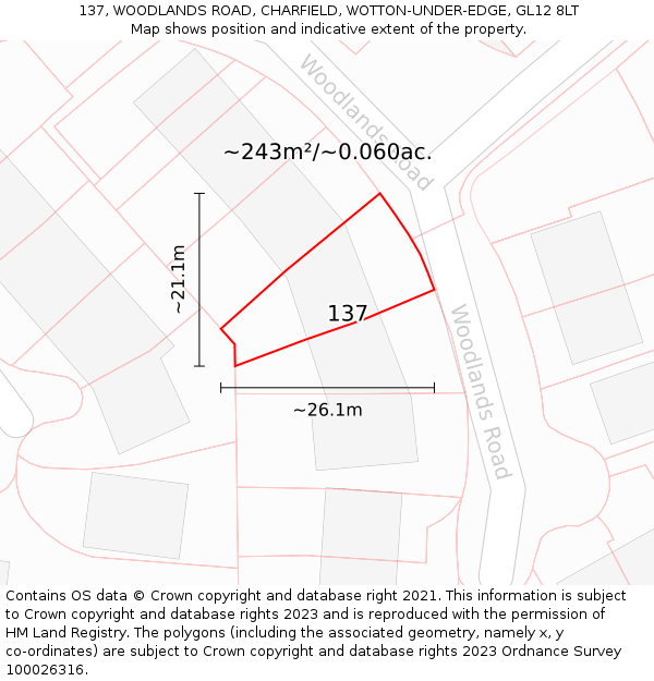 137, WOODLANDS ROAD, CHARFIELD, WOTTON-UNDER-EDGE, GL12 8LT: Plot and title map