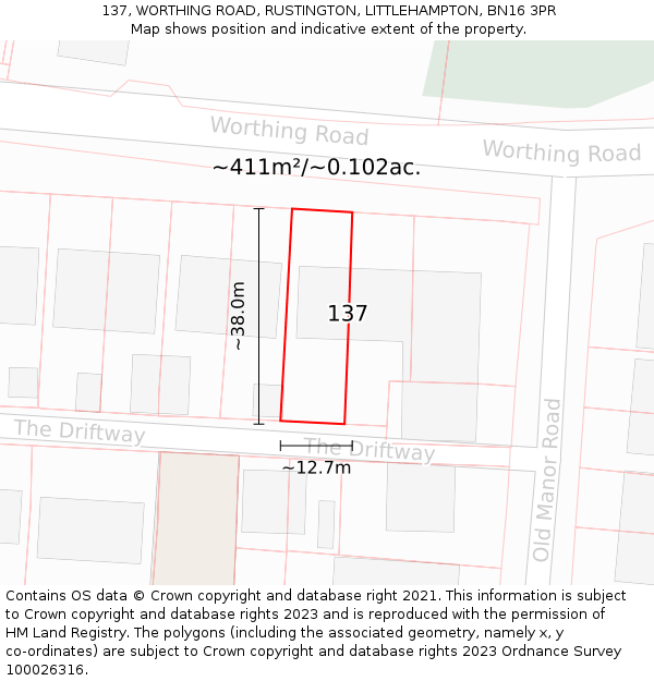 137, WORTHING ROAD, RUSTINGTON, LITTLEHAMPTON, BN16 3PR: Plot and title map