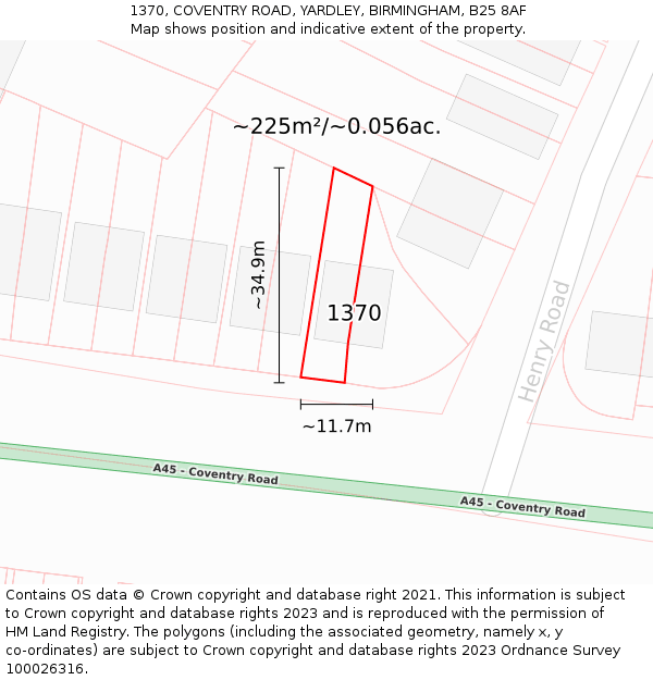 1370, COVENTRY ROAD, YARDLEY, BIRMINGHAM, B25 8AF: Plot and title map