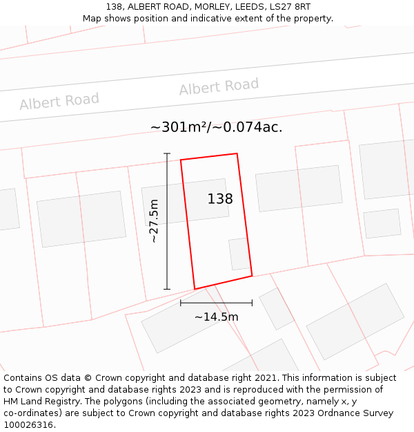 138, ALBERT ROAD, MORLEY, LEEDS, LS27 8RT: Plot and title map