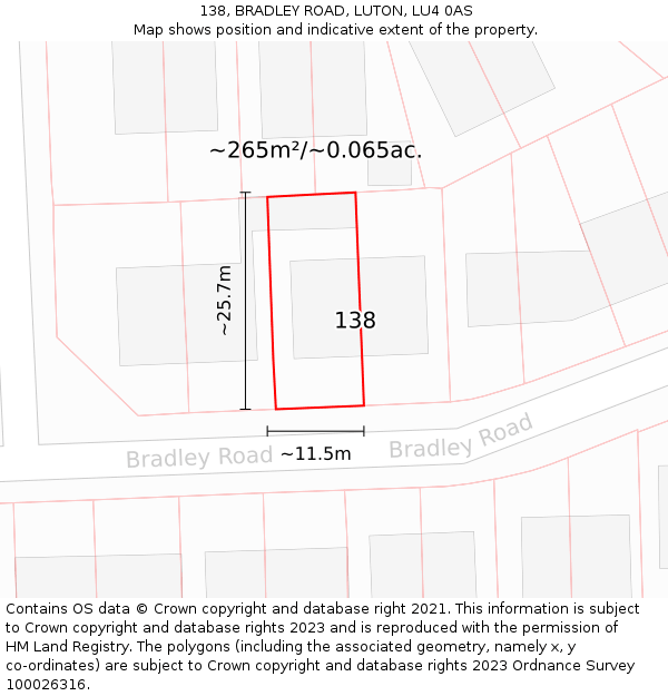 138, BRADLEY ROAD, LUTON, LU4 0AS: Plot and title map
