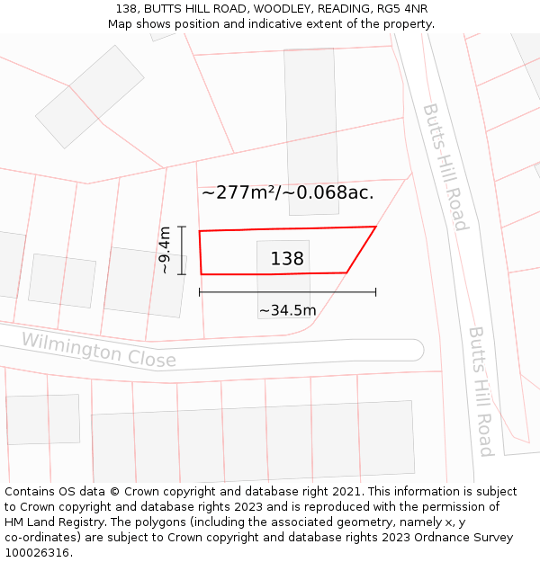138, BUTTS HILL ROAD, WOODLEY, READING, RG5 4NR: Plot and title map