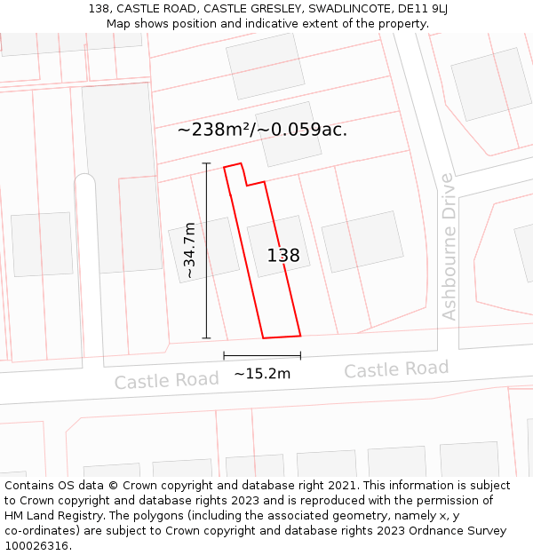138, CASTLE ROAD, CASTLE GRESLEY, SWADLINCOTE, DE11 9LJ: Plot and title map