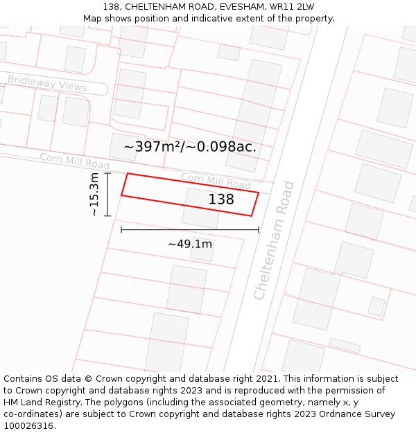 138, CHELTENHAM ROAD, EVESHAM, WR11 2LW: Plot and title map