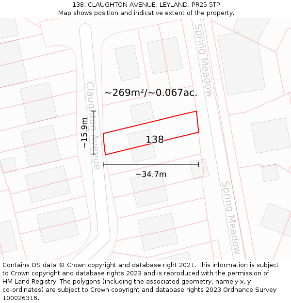 138, CLAUGHTON AVENUE, LEYLAND, PR25 5TP: Plot and title map