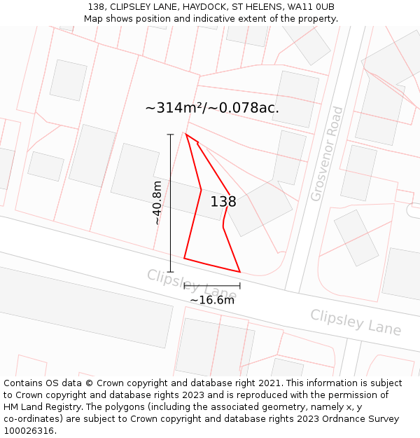 138, CLIPSLEY LANE, HAYDOCK, ST HELENS, WA11 0UB: Plot and title map