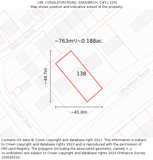 138, CONGLETON ROAD, SANDBACH, CW11 1DN: Plot and title map