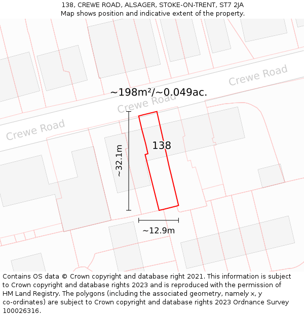 138, CREWE ROAD, ALSAGER, STOKE-ON-TRENT, ST7 2JA: Plot and title map