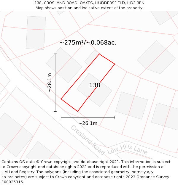 138, CROSLAND ROAD, OAKES, HUDDERSFIELD, HD3 3PN: Plot and title map
