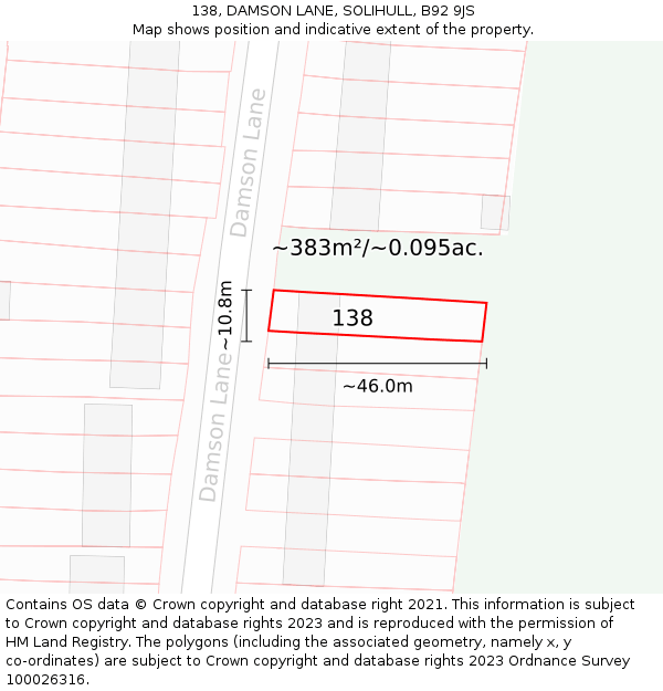 138, DAMSON LANE, SOLIHULL, B92 9JS: Plot and title map