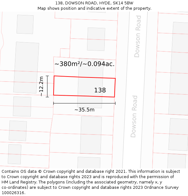 138, DOWSON ROAD, HYDE, SK14 5BW: Plot and title map