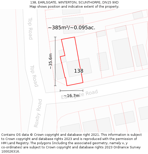 138, EARLSGATE, WINTERTON, SCUNTHORPE, DN15 9XD: Plot and title map