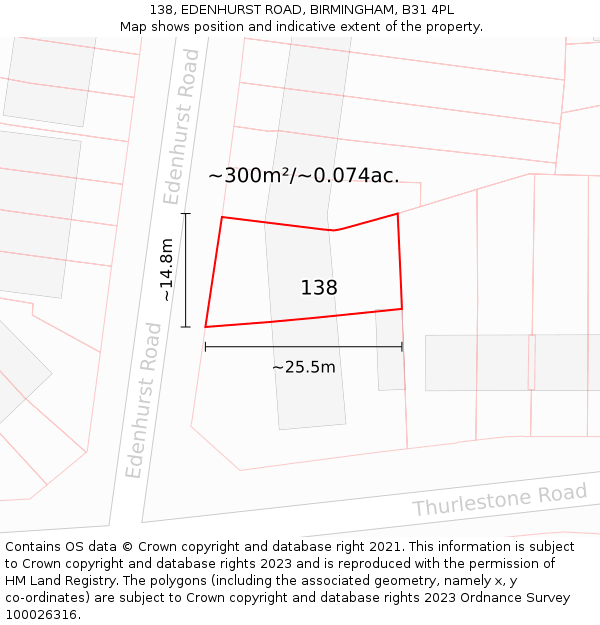 138, EDENHURST ROAD, BIRMINGHAM, B31 4PL: Plot and title map