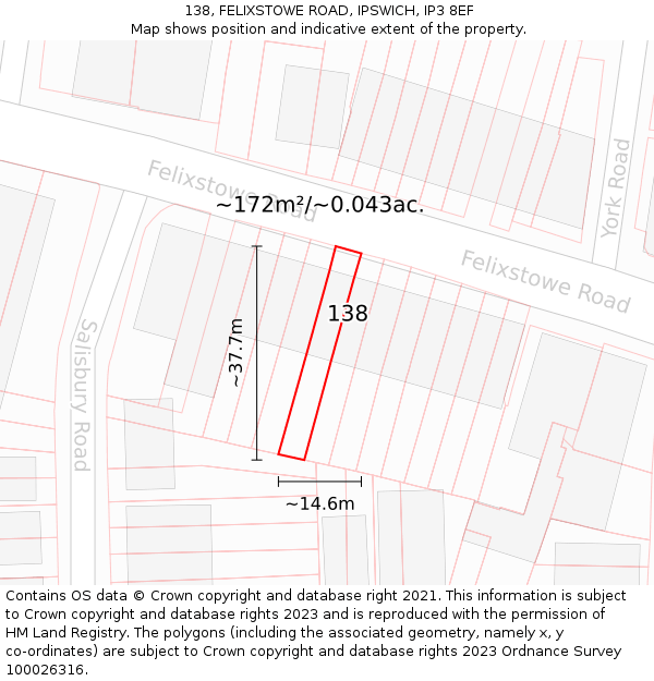 138, FELIXSTOWE ROAD, IPSWICH, IP3 8EF: Plot and title map