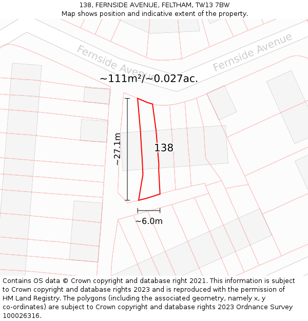 138, FERNSIDE AVENUE, FELTHAM, TW13 7BW: Plot and title map