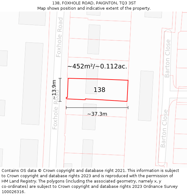 138, FOXHOLE ROAD, PAIGNTON, TQ3 3ST: Plot and title map