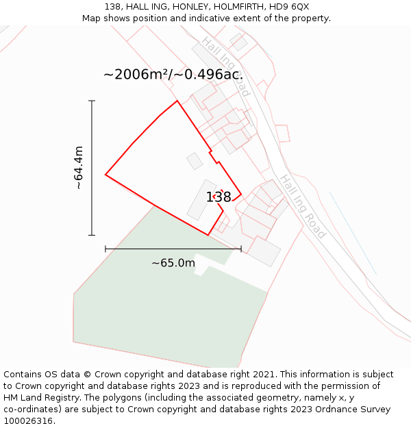 138, HALL ING, HONLEY, HOLMFIRTH, HD9 6QX: Plot and title map